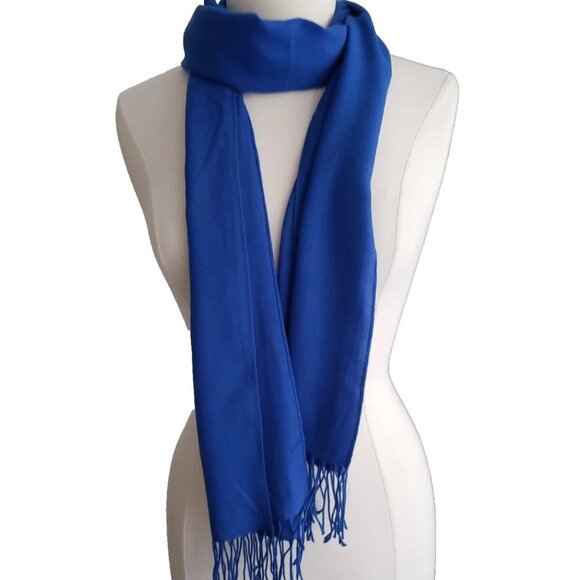 100% Cashmere Fringed Pashmina Firenze Italy Royal Blue Scarf Shawl Wrap - Picture 3 of 10